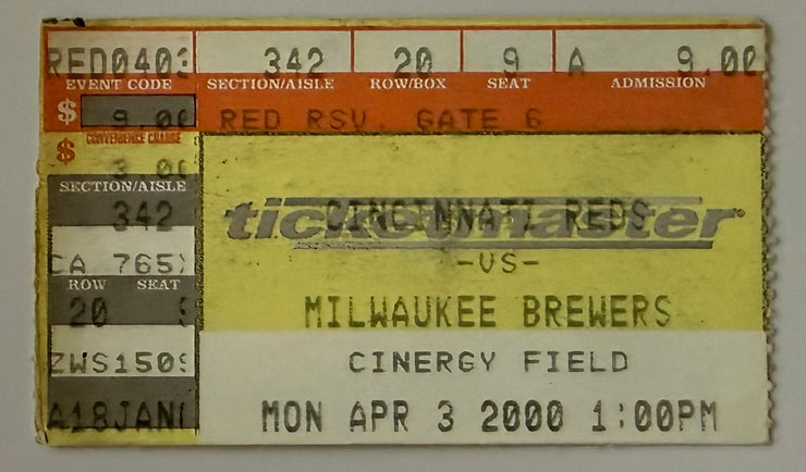 2000 Reds versus Brewers Game Ends in a Tie, Ken Griffey Junior‘s First Game as a Red, 4/3/2000