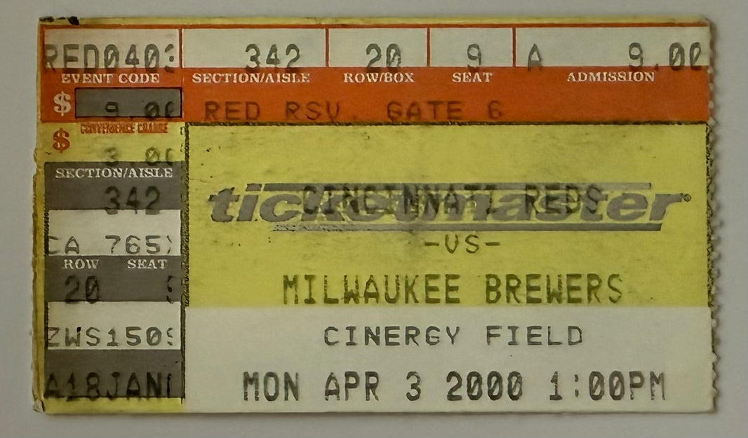 2000 Reds versus Brewers Game Ends in a Tie, Ken Griffey Junior‘s First Game as a Red, 4/3/2000
