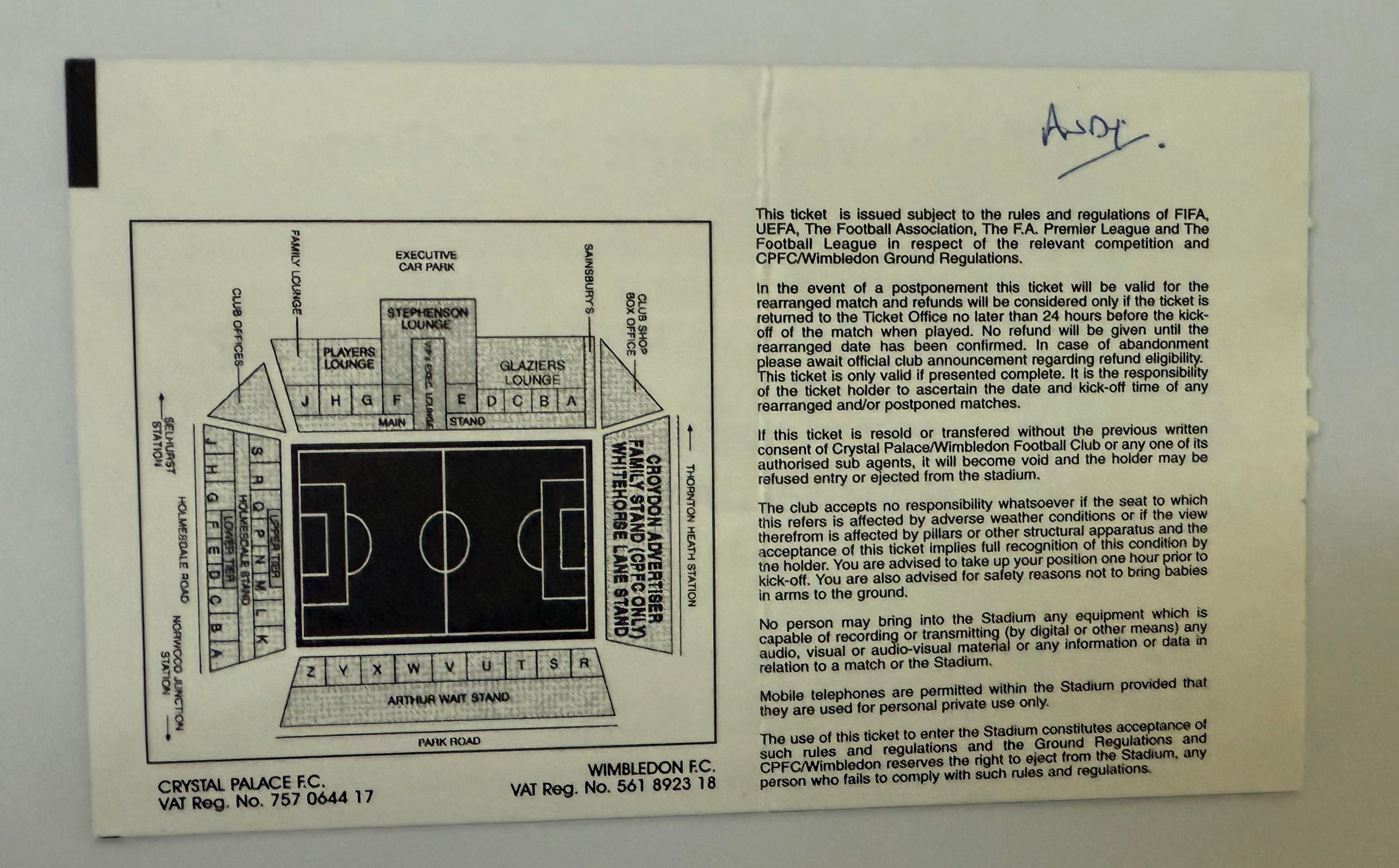 2001 Ticket Noted for Infamous Date of 9/11/2001, Wimbledon versus Sheffield United, Nationwide League Division One Soccer, Writing on Back