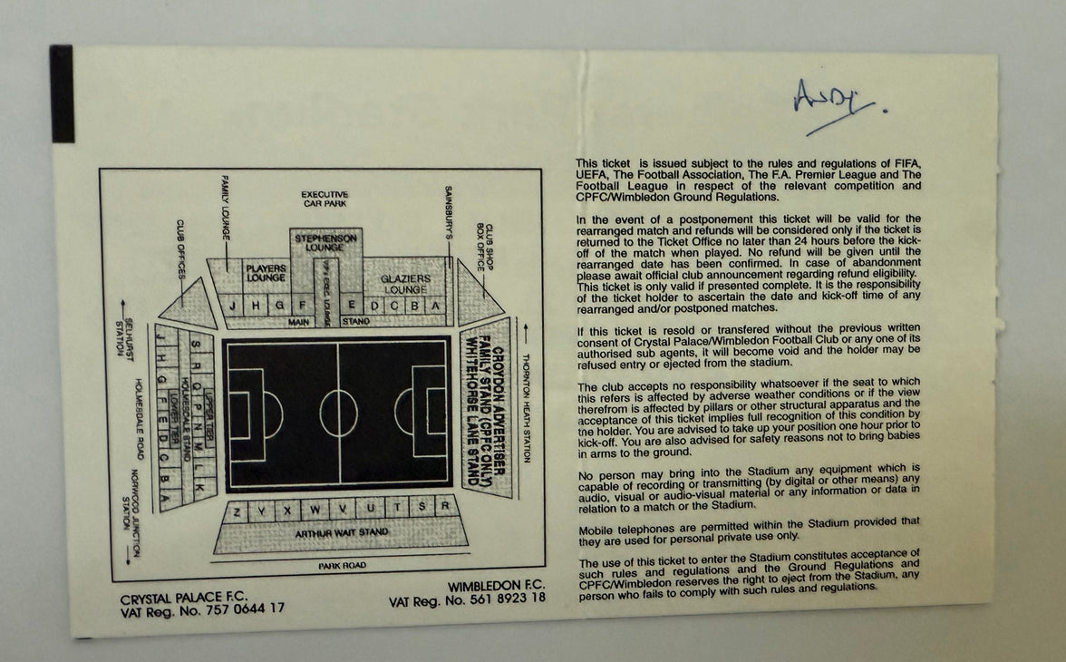 2001 Ticket Noted for Infamous Date of 9/11/2001, Wimbledon versus Sheffield United, Nationwide League Division One Soccer, Writing on Back