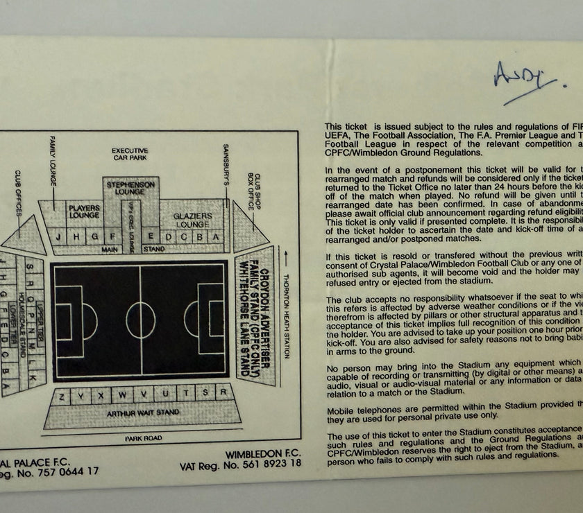 2001 Ticket Noted for Infamous Date of 9/11/2001, Wimbledon versus Sheffield United, Nationwide League Division One Soccer, Writing on Back