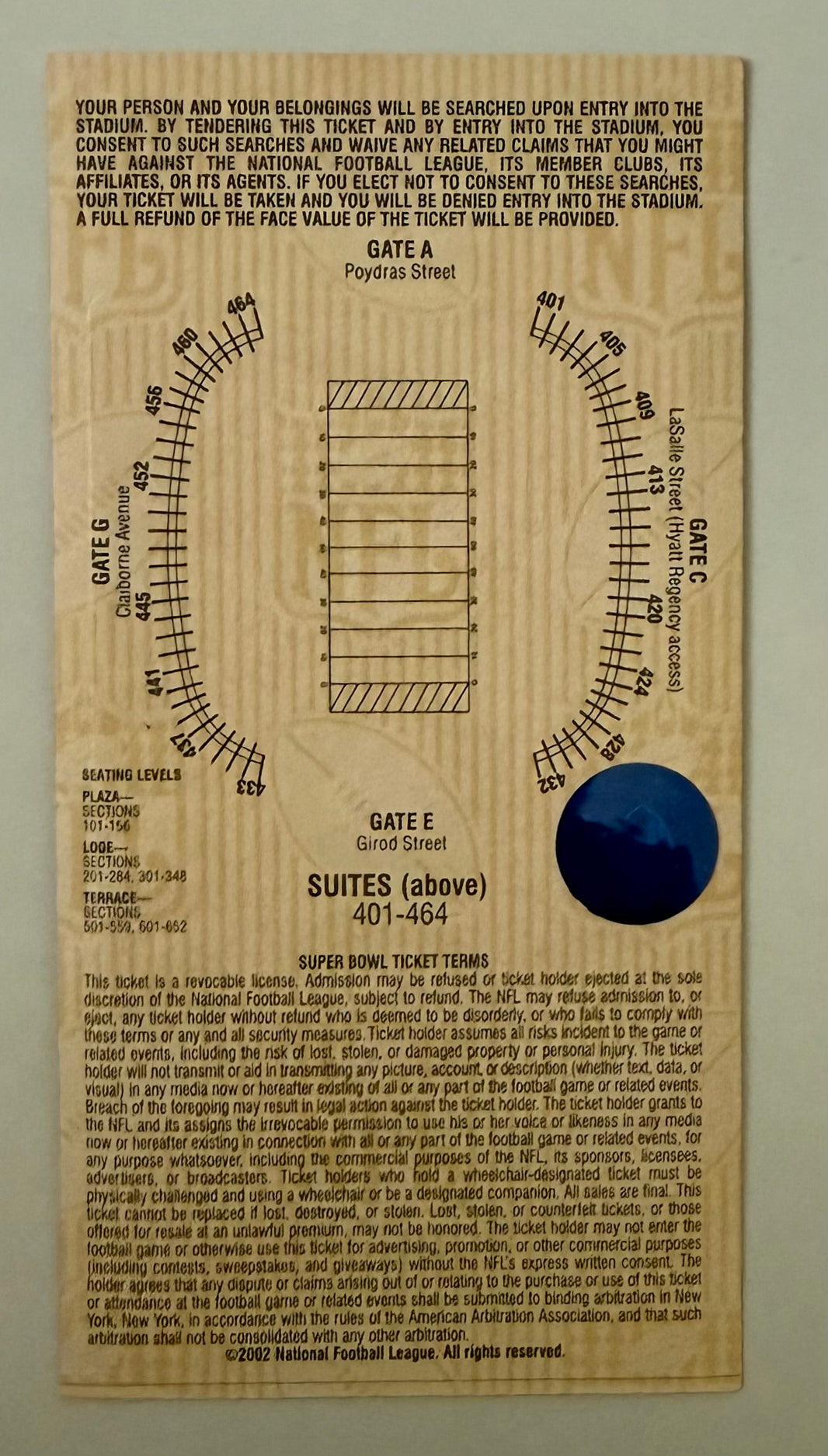 2002 Super Bowl Game, February 3, 2002 at the Louisiana Superdome, Oakland VS. Tampa Bay