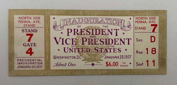 1937 Ticket to the Second Inauguration of Franklin Roosevelt and John Nance Garner, January 20, 1937