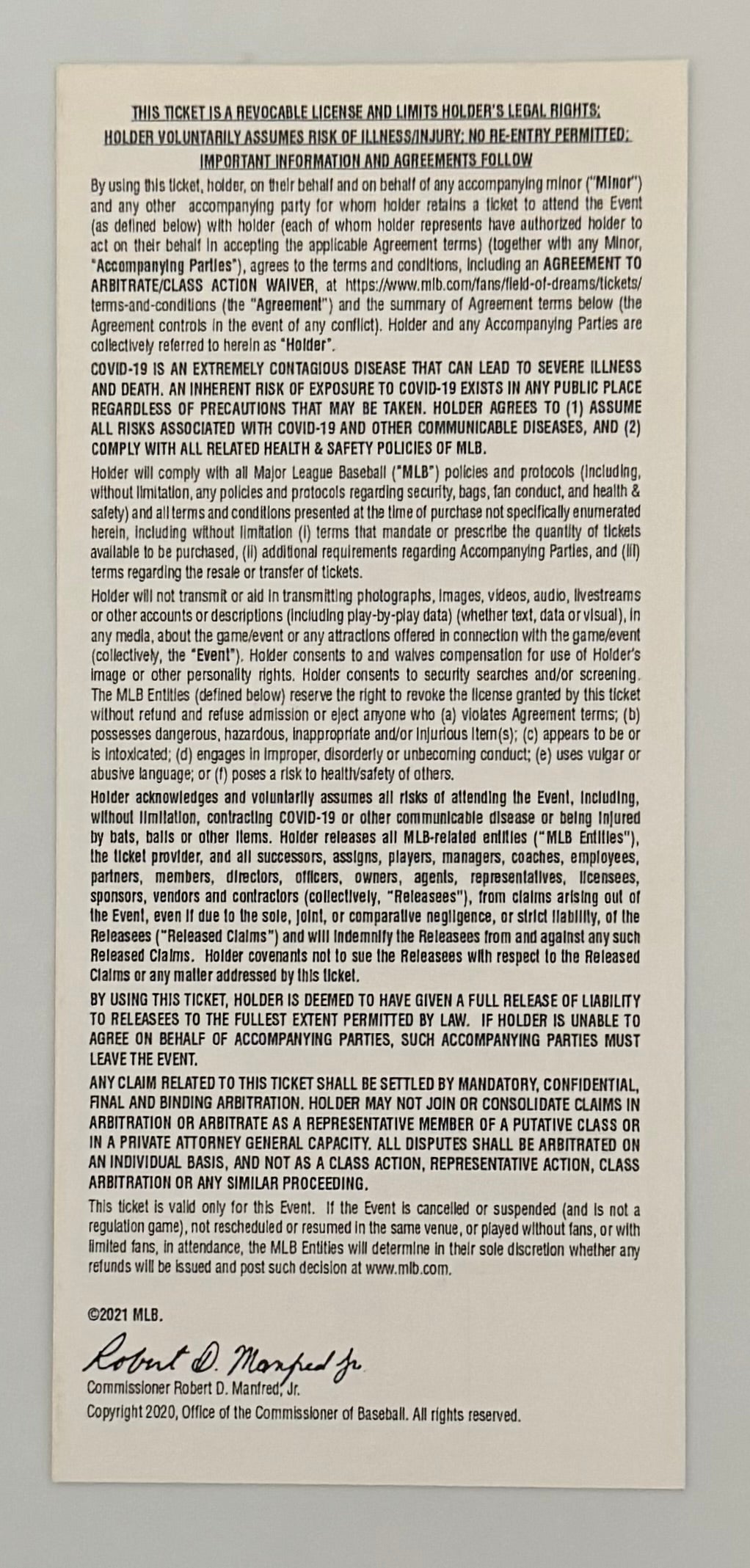 2021 Souvenir Ticket to  First Field of Dreams Game New York Yankees versus Chicago White Sox August 12, 2021