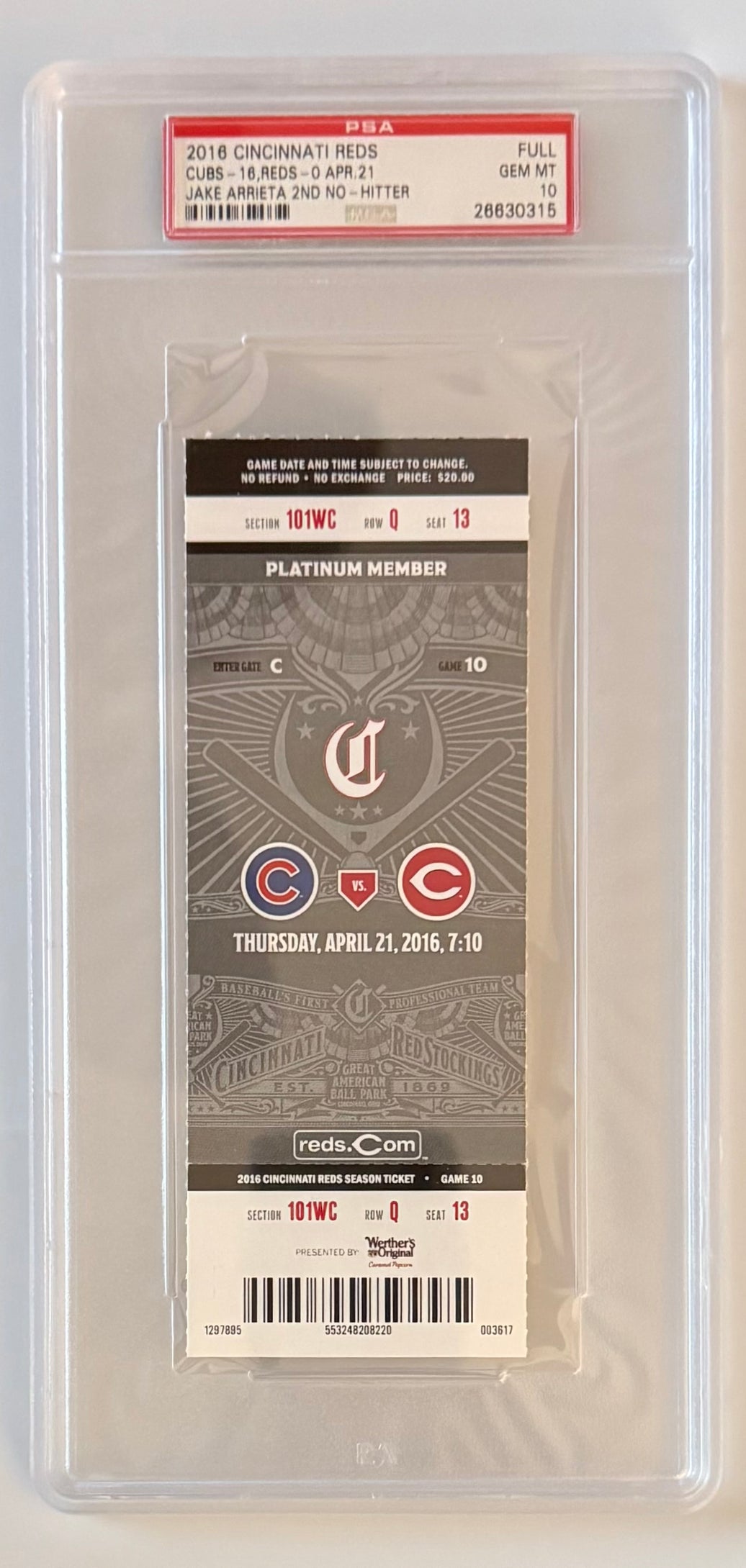 4/21/2016 Jake Arrieta 2nd No-Hitter, PSA 10 GEM MT