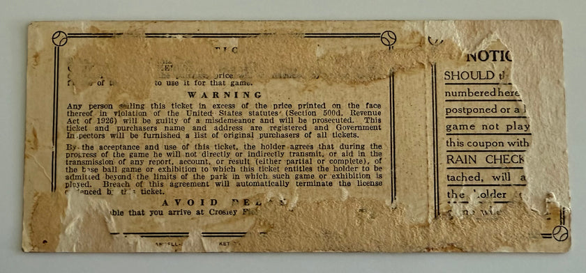 1940 World Series Ticket, Cincinnati Defeats Detroit in Game 7