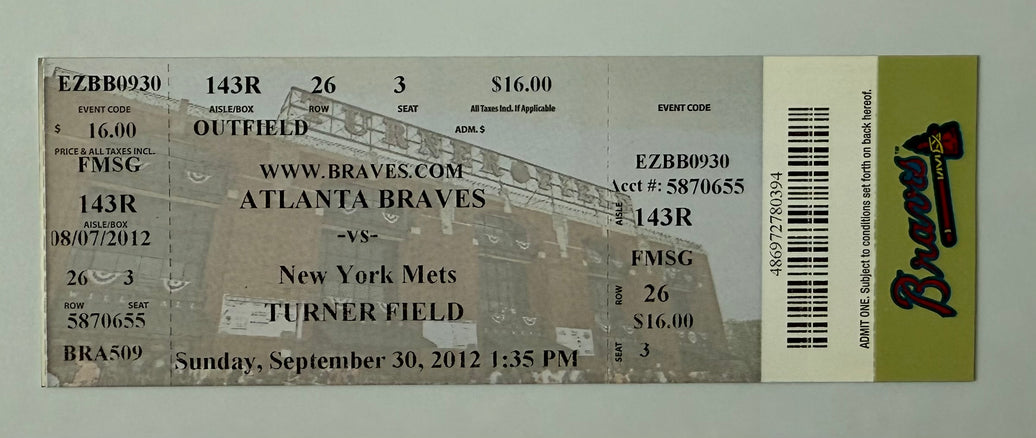 2012 Chipper Jones Last Game at Turner Field in Atlanta, September 30, 2012