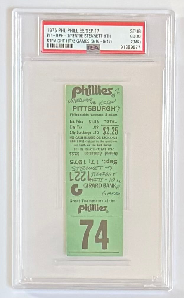 September 17, 1975, Phillies Rennie Stennett Hits Safely in 9 Consecutive at Bats, PSA Graded Good/2, MK
