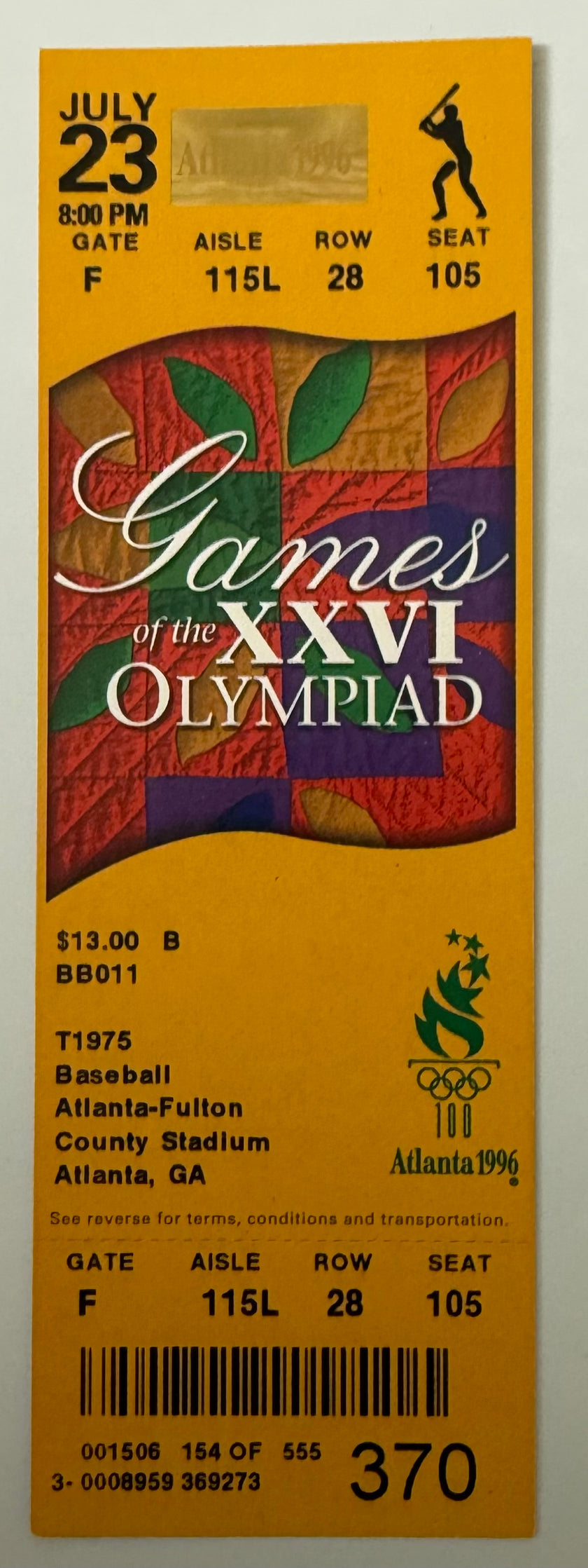 1996 Atlanta Olympics Games,  Baseball,  July 23, 1996, Mint Condition Ticket