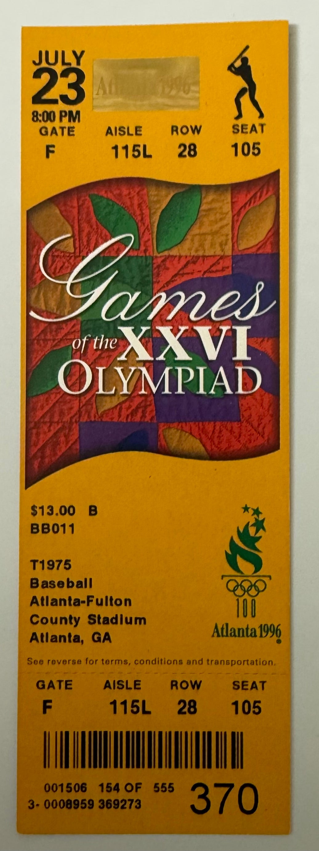 1996 Atlanta Olympics Games,  Baseball,  July 23, 1996, Mint Condition Ticket