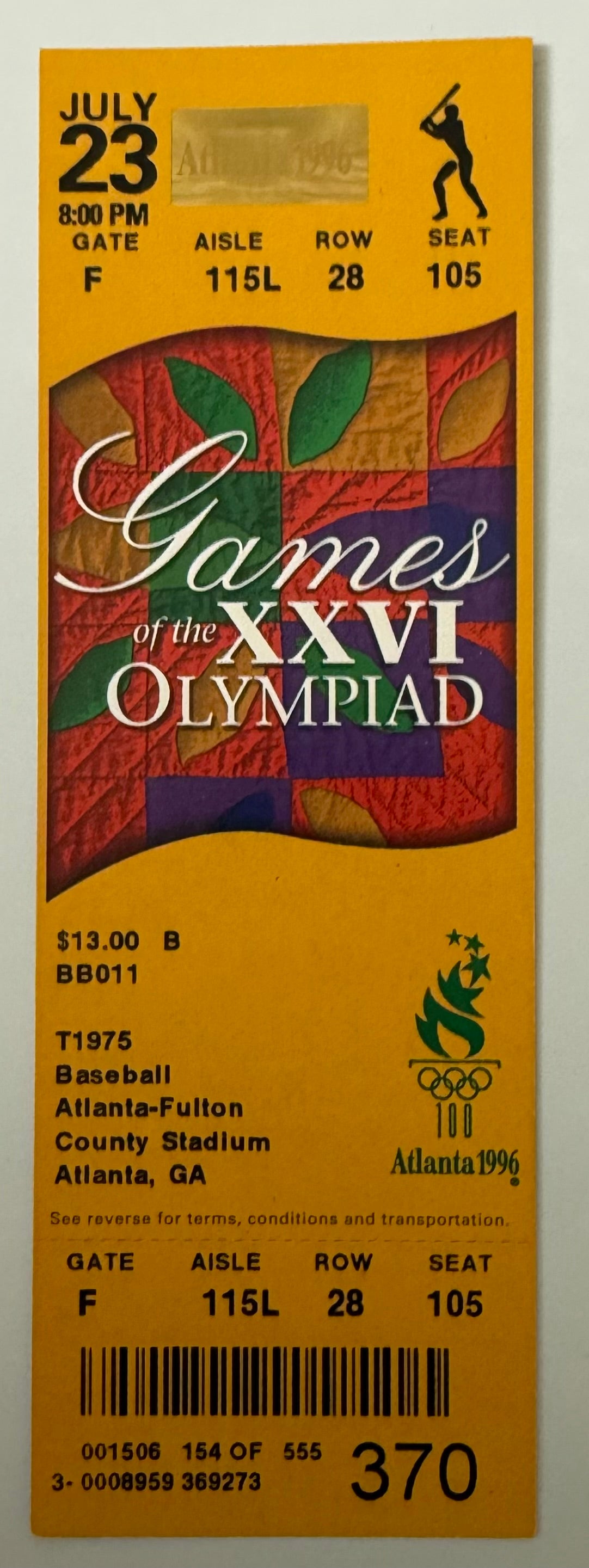 1996 Atlanta Olympics Games,  Baseball,  July 23, 1996, Mint Condition Ticket
