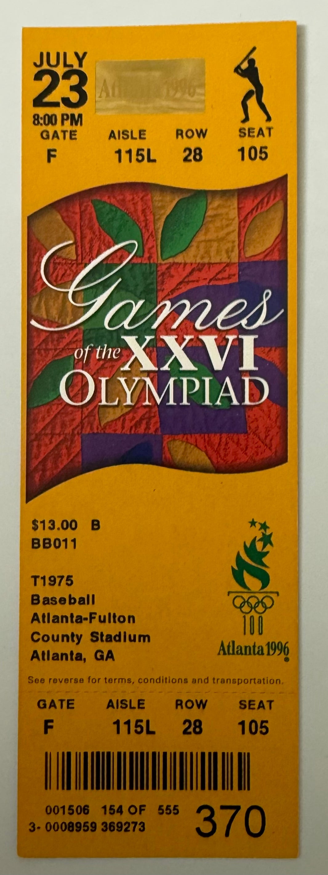 1996 Atlanta Olympics Games,  Baseball,  July 23, 1996, Mint Condition Ticket