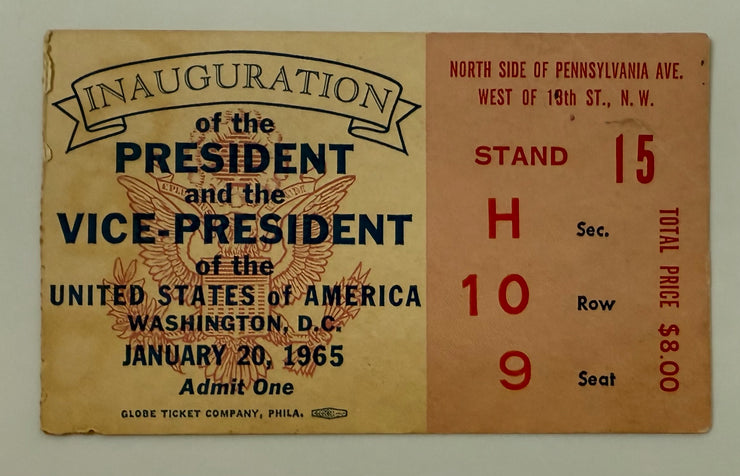 1965 Stub to the Inauguration of Lyndon Johnson and Hubert Humphrey, January 20, 1965