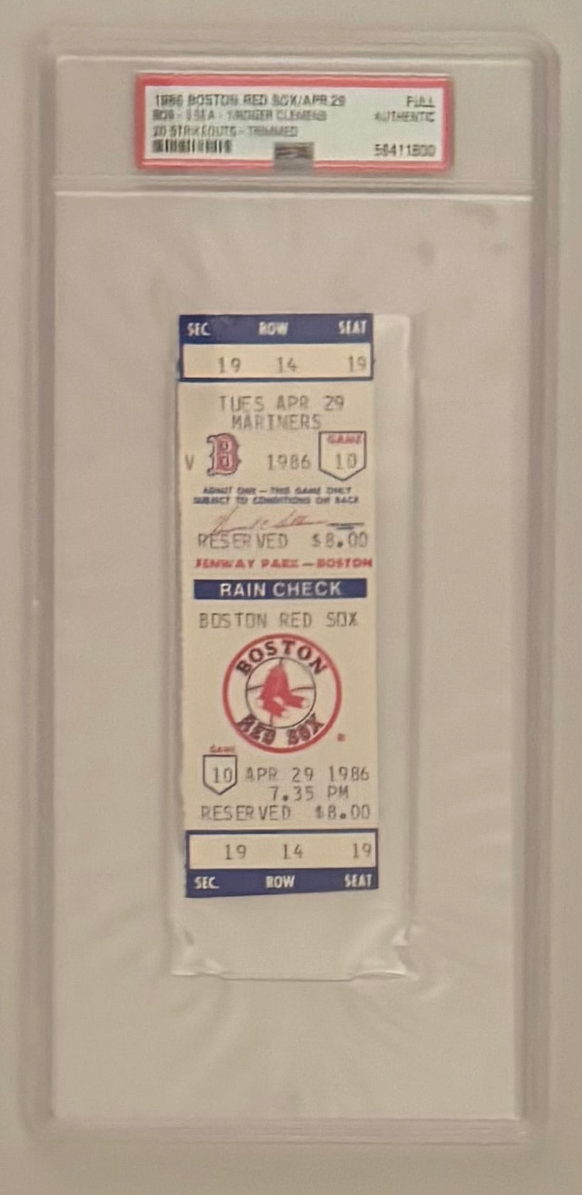 April 29, 1986, Roger Clemens K's 20 Full Ticket - PSA(TR)