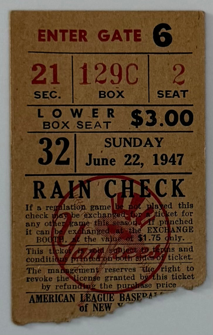 June 2, 1947, 1947 Yankees Stub, Yogi Berra 5th Career Home Run