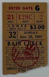 June 2, 1947, 1947 Yankees Stub, Yogi Berra 5th Career Home Run
