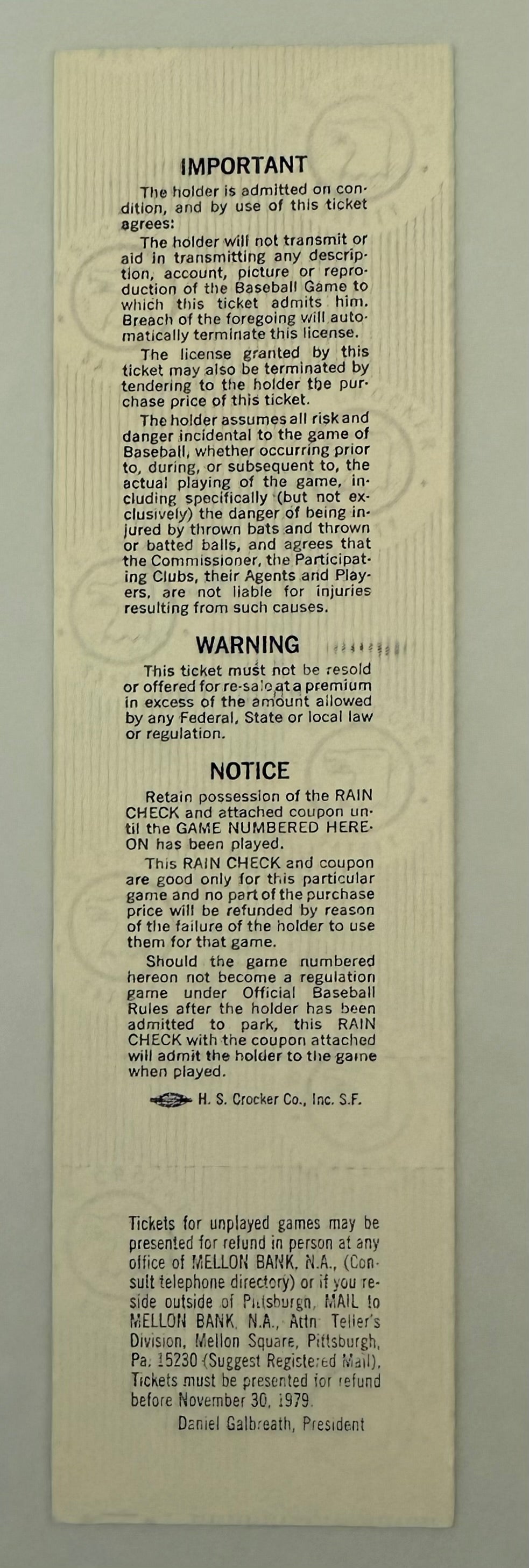 1979 Full Ticket Baltimore Orioles at Pittsburgh Pirates, World Series Game 5