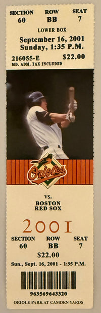 October 6, 2001, Cal Ripken Final Game Ticket, Originally Scheduled 9/16/01