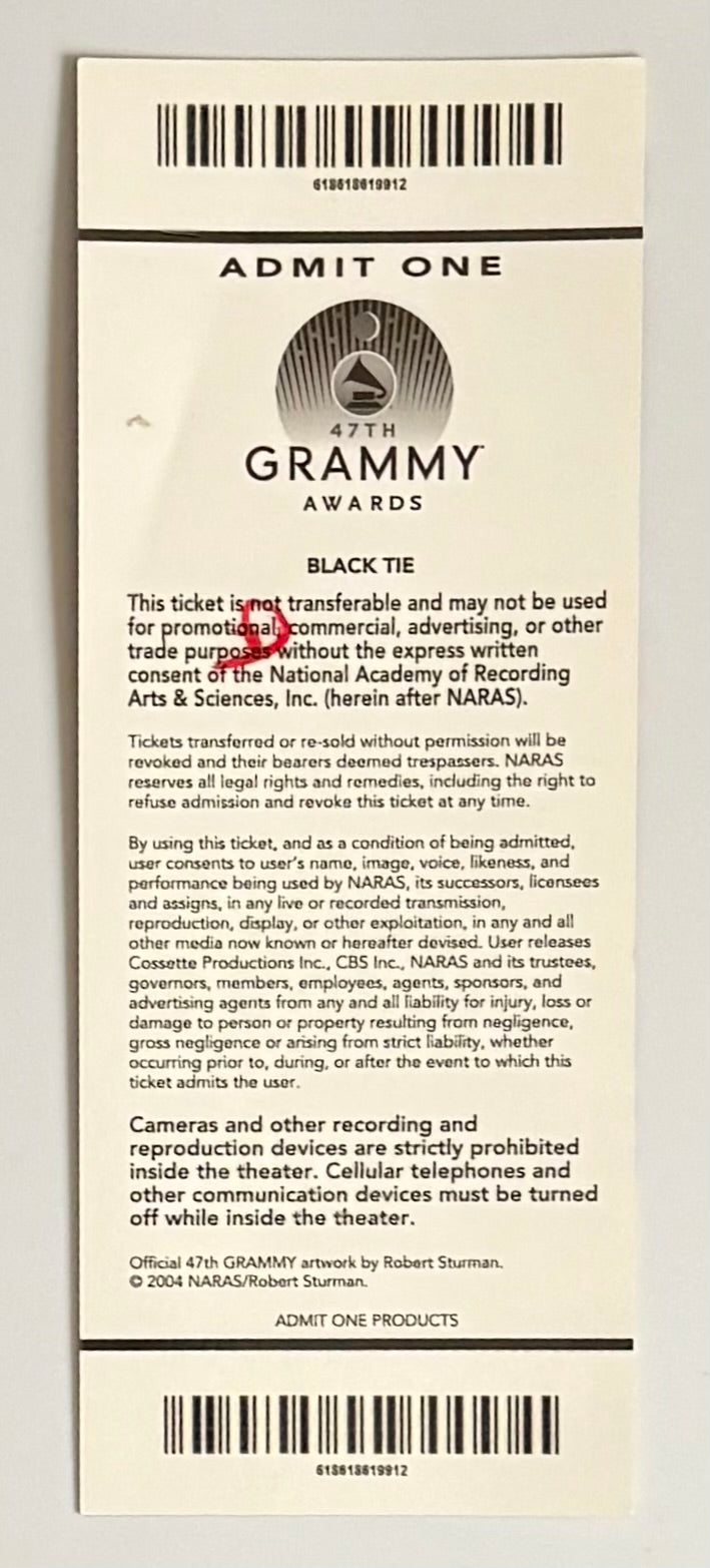 2005 47th Annual Grammy Awards Pre-Telecast Ceremony and Telecast Ceremony at the Staples Center, February 13, 2005, Slight Crease/Mark on Back