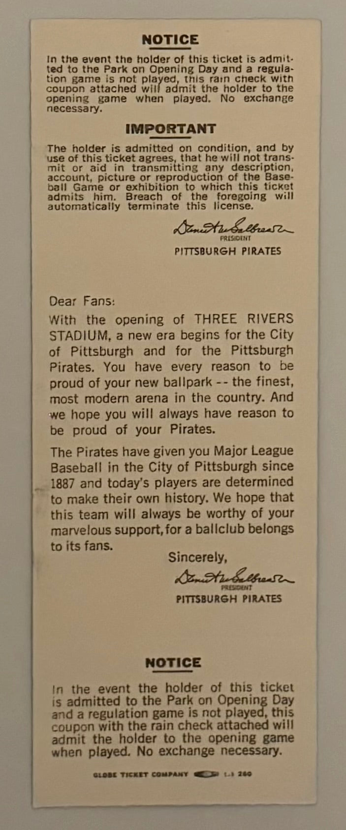 1970 Opening Game to Three Rivers Stadium  Official Dedication