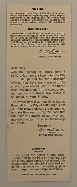 1970 Opening Game to Three Rivers Stadium  Official Dedication