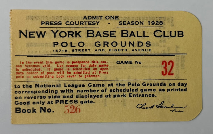 1928 New York Giants at the Polo Grounds, Press Pass Game Number 32