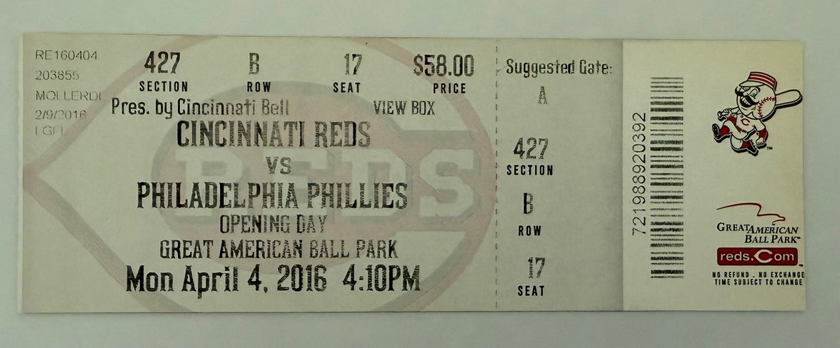 2016 Reds Opening Day Ticket 4/4/2016