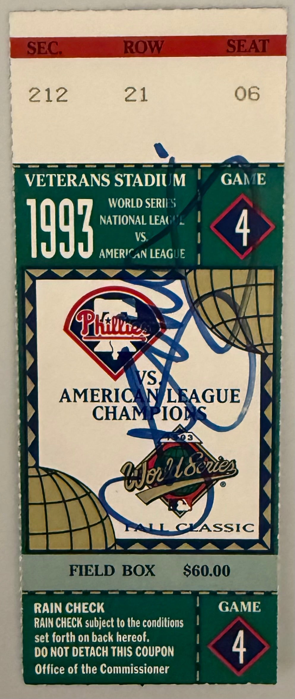 October 20, 1993, World Series Game Four, Blue Jays 15 - Phillies 14, Curt Schilling Autograph