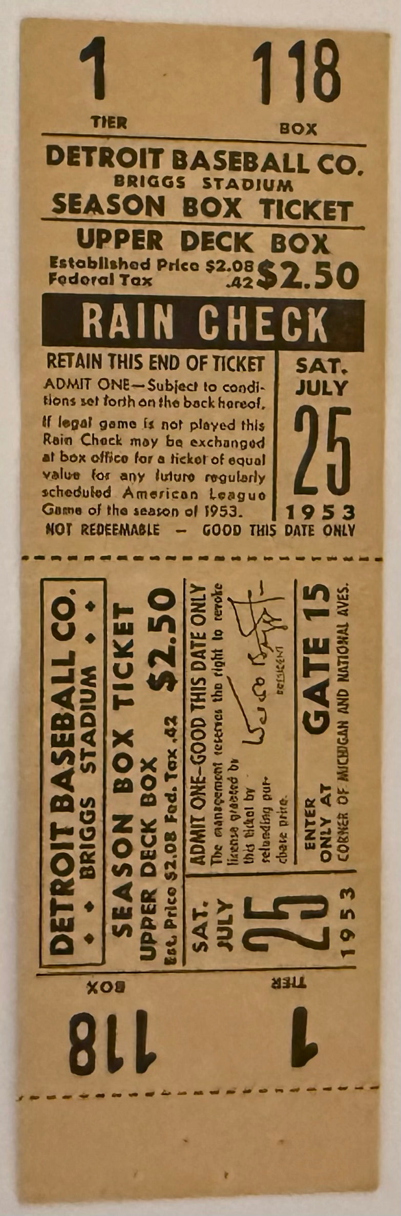 July 25, 1953, Yankees at Tigers, Full Ticket - Mickey Mantle