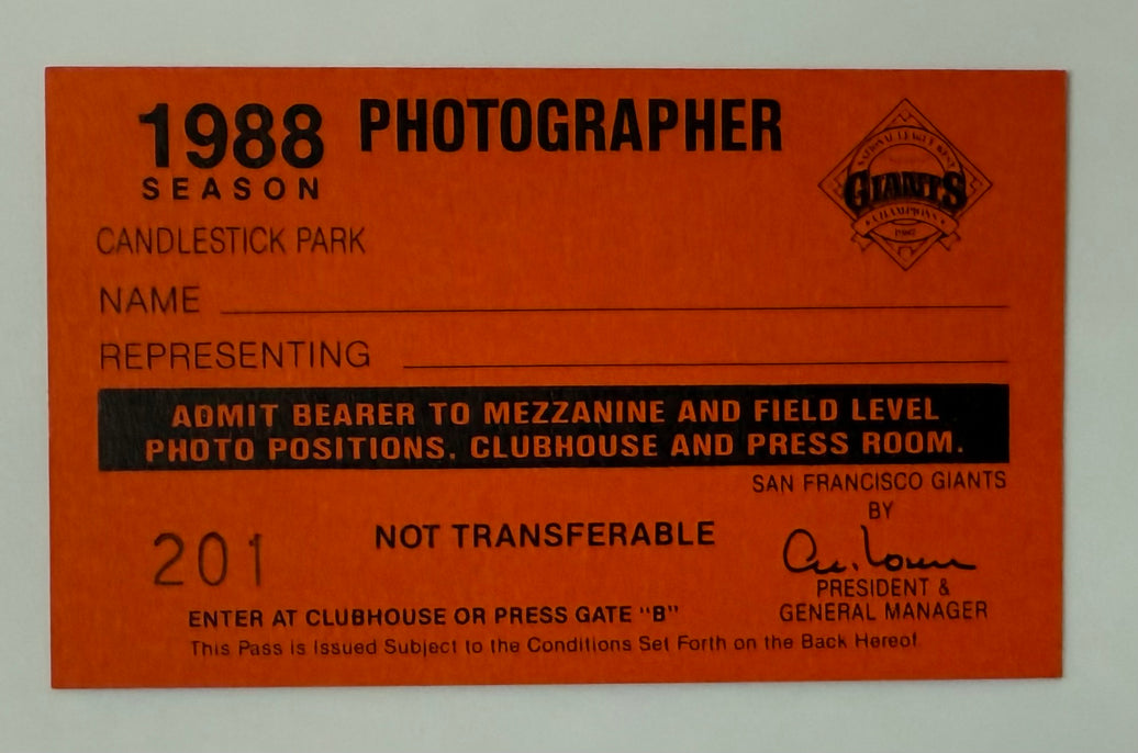 1988 San Francisco Giants Photographer Pass - Candlestick Park