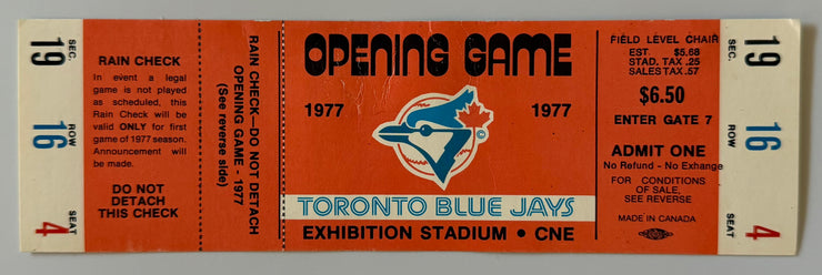 1977 Toronto Blue Jays First Opening Day Ticket and Game, April 7, 1977