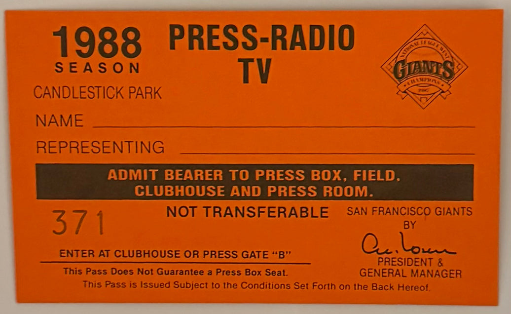 1988 San Francisco Giants Candlestick Park Press Pass