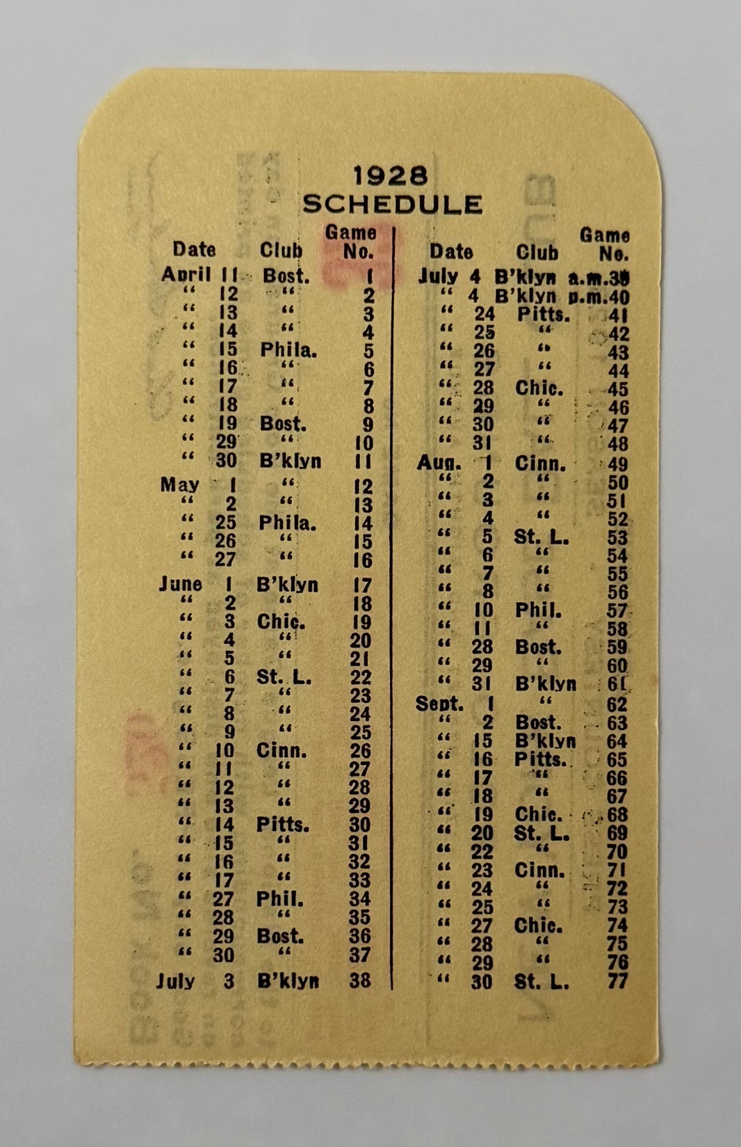 1928 New York Giants at the Polo Grounds, Press Pass Game Number 32