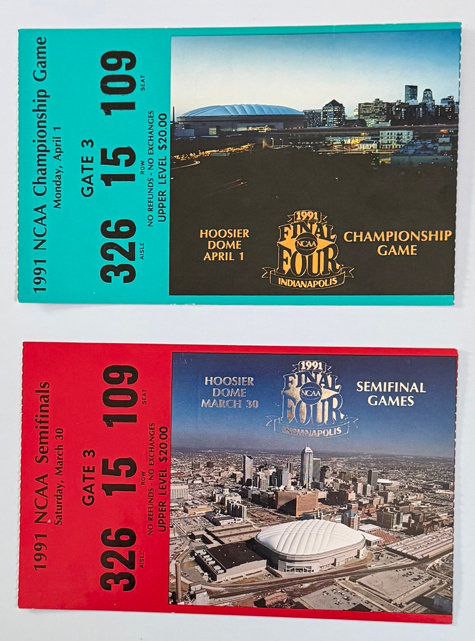 April 1, 1991, 1991 NCAA Final Four Semi Finals Tickets to Coach K's First Championship (Set of 2 Tickets)