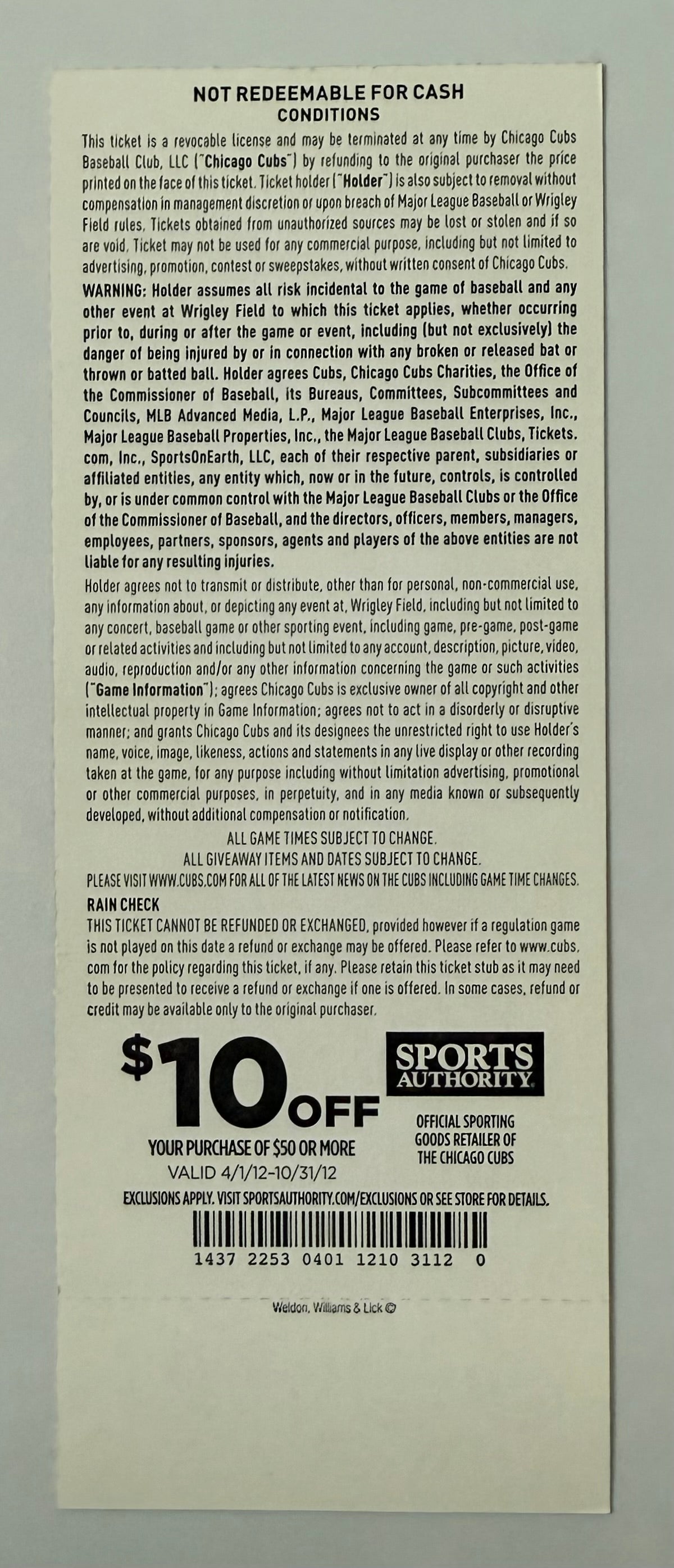 2012 Chicago Cubs versus Washington Nationals Opening Day Ticket, April 5, 2012