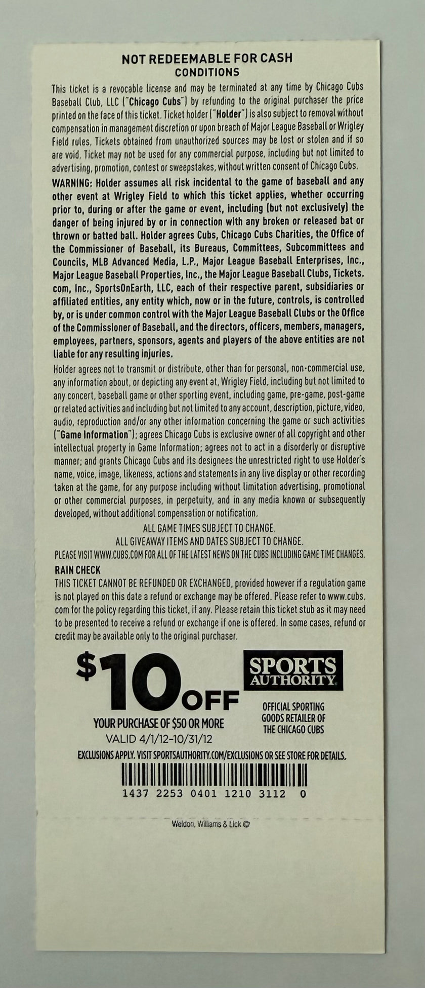 2012 Chicago Cubs versus Washington Nationals Opening Day Ticket, April 5, 2012