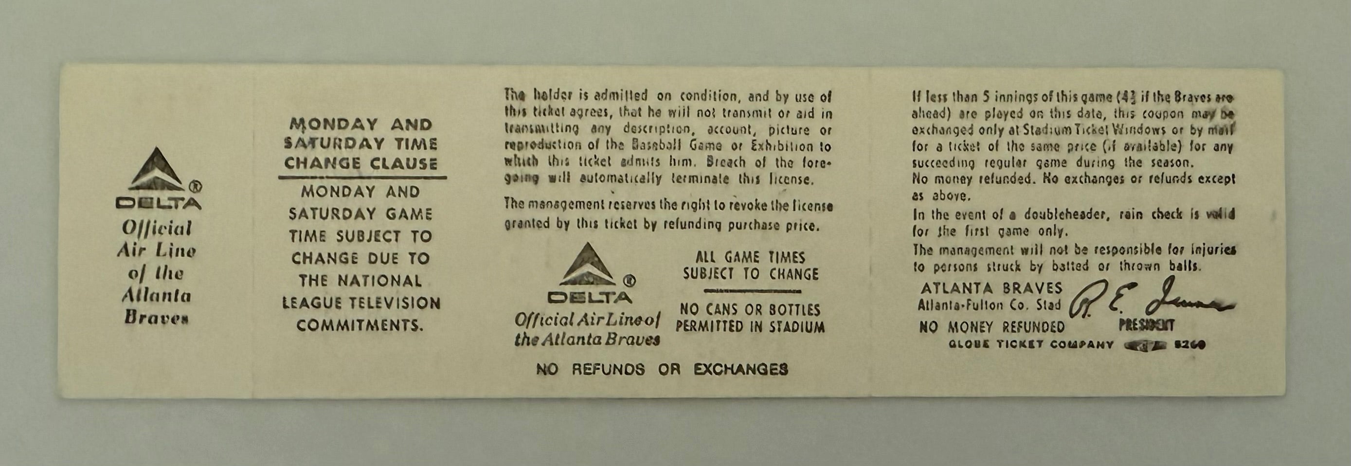 1978 Cincinnati Reds at Atlanta Braves, Full Ticket Signed by Gene Garber, Pete Rose 44 Game National League Hitting Streak Ends, Autograph Not Obtained in Person