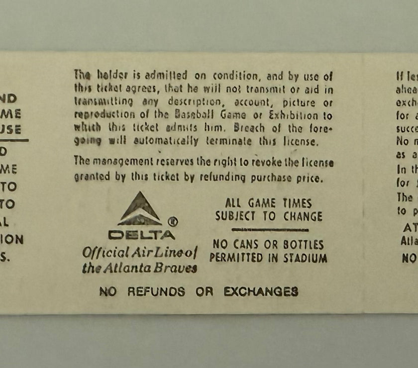 1978 Cincinnati Reds at Atlanta Braves, Full Ticket Signed by Gene Garber, Pete Rose 44 Game National League Hitting Streak Ends, Autograph Not Obtained in Person