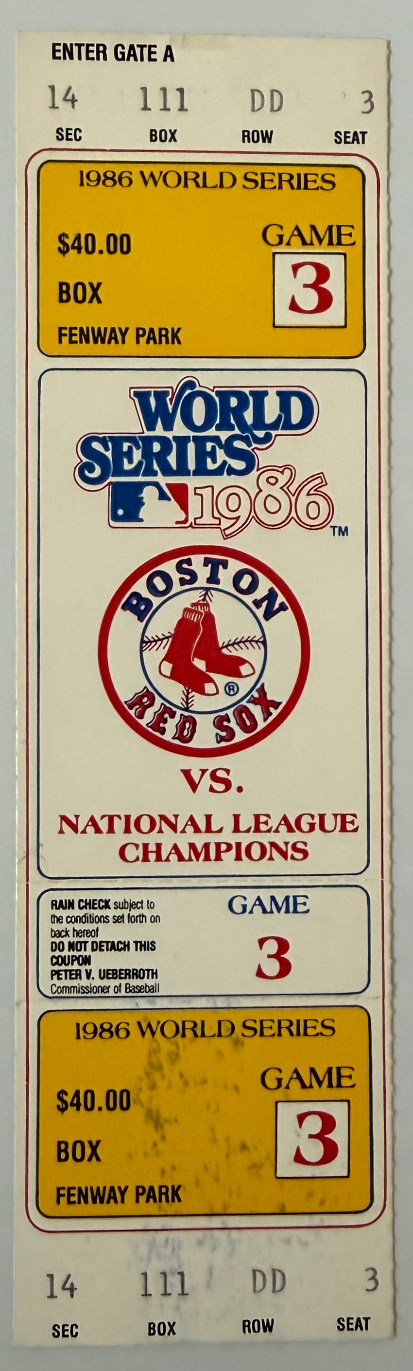 1986 World Series Game Three, Full Ticket, Mets 7 - Red Sox 1