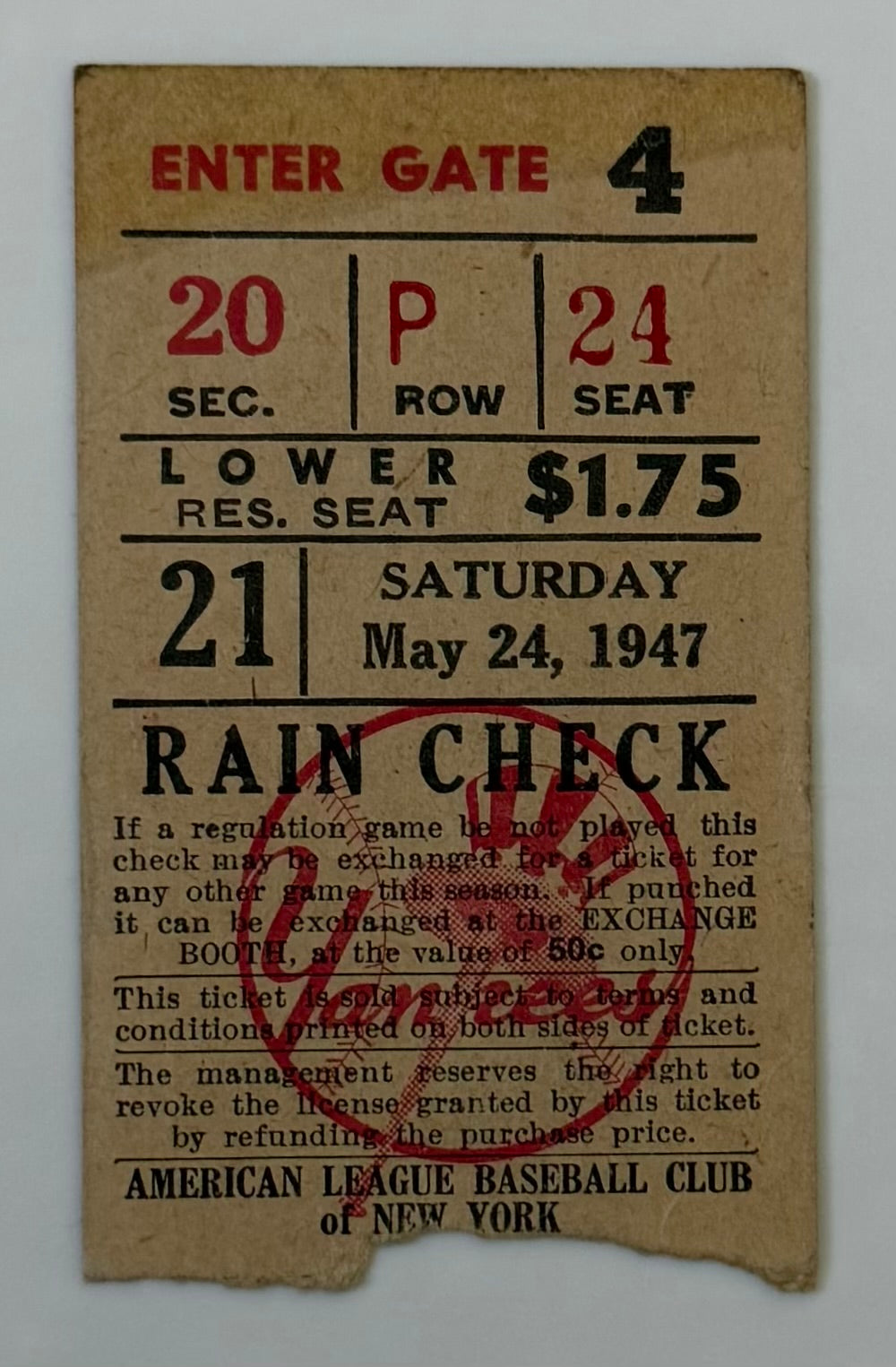 1947 - Saturday, May 24, 1947, Yankees and Joe DiMaggio vs Red Sox and Ted Williams at Yankee Stadium