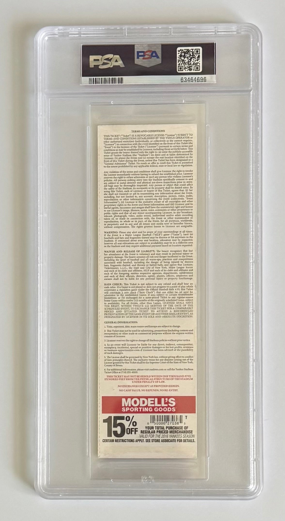 2016 New York Yankees Ticket, Graded PSA Full Authentic, Aaron Judge MLB Debut and HR #1, 8/13/16