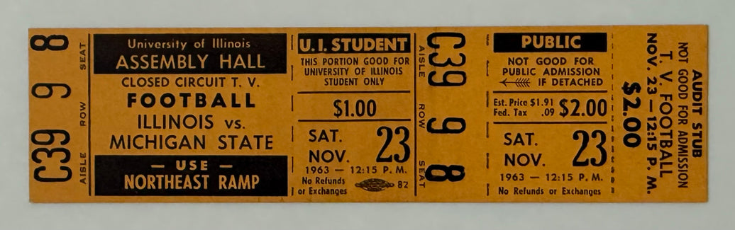 1963 CCTV Ticket to Scheduled Game Illinois versus Michigan State, Kennedy Assassination Weekend, November 23, 1963