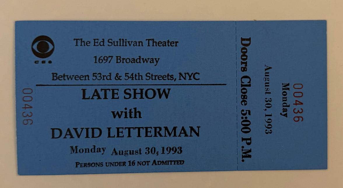 1993 Full Ticket First Late Show with David Letterman, CBS, August 30, 1993
