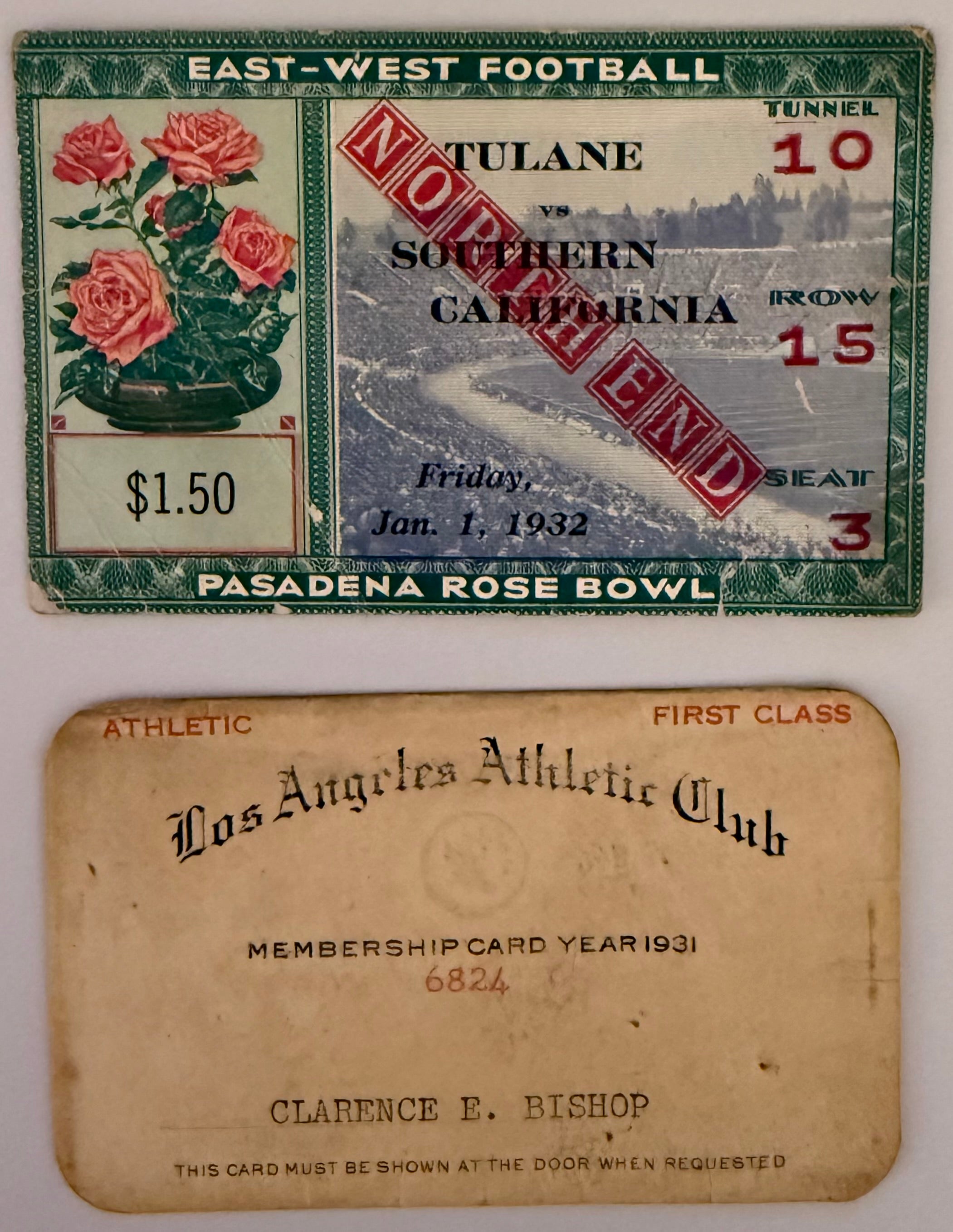 January 1, 1932, Rose Bowl Game, USC versus Tulane (C) with 1931 Los Angeles Athletic Club Membership Card (C)