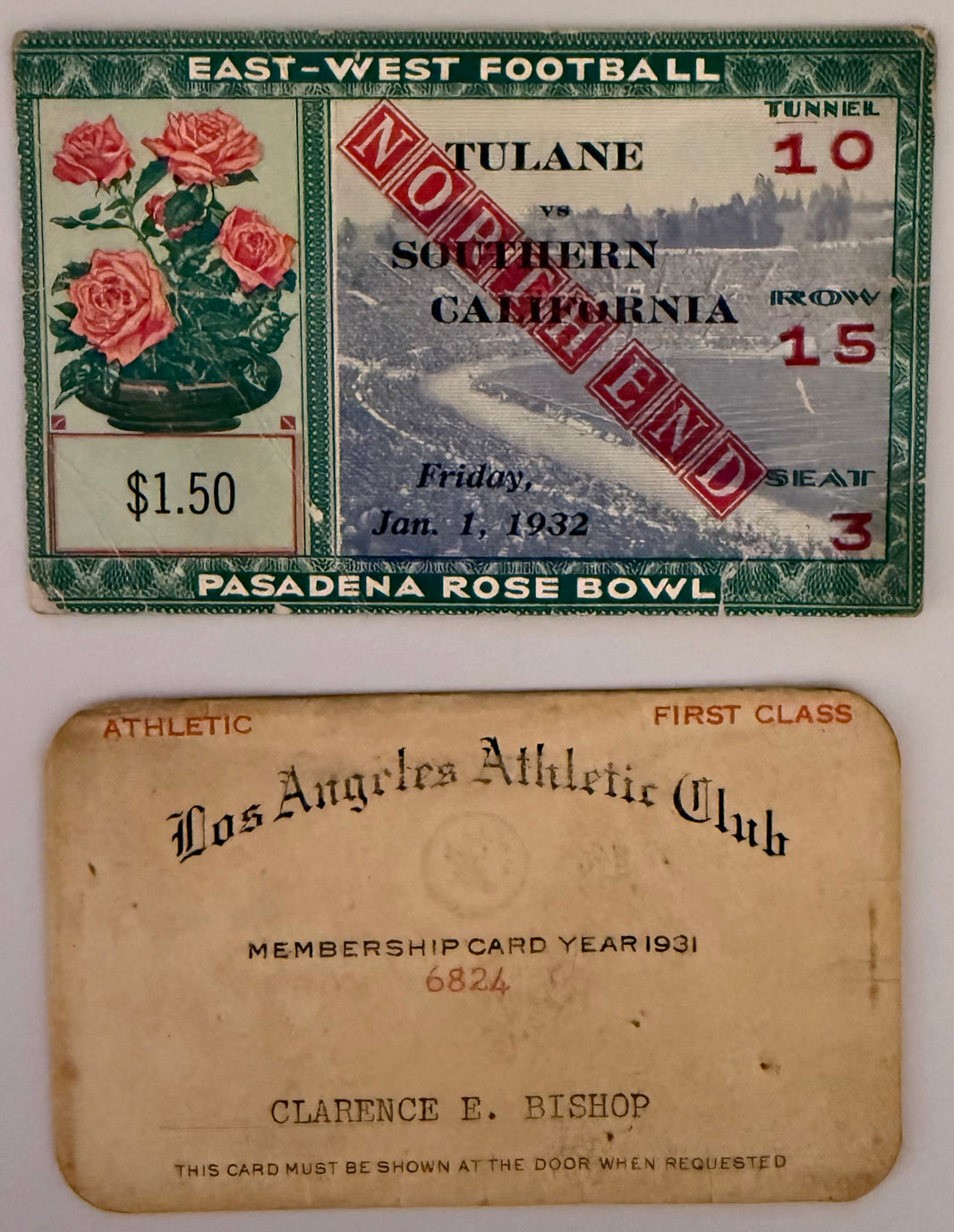 January 1, 1932, Rose Bowl Game, USC versus Tulane (C) with 1931 Los Angeles Athletic Club Membership Card (C)