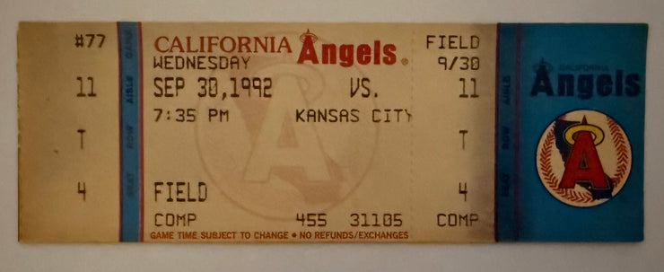 1992 Full Ticket Angels versus Kansas City, George Brett Achieves Milestone 3000th Hit, 9/30/1992