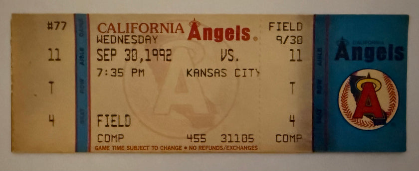 1992 Full Ticket Angels versus Kansas City, George Brett Achieves Milestone 3000th Hit, 9/30/1992