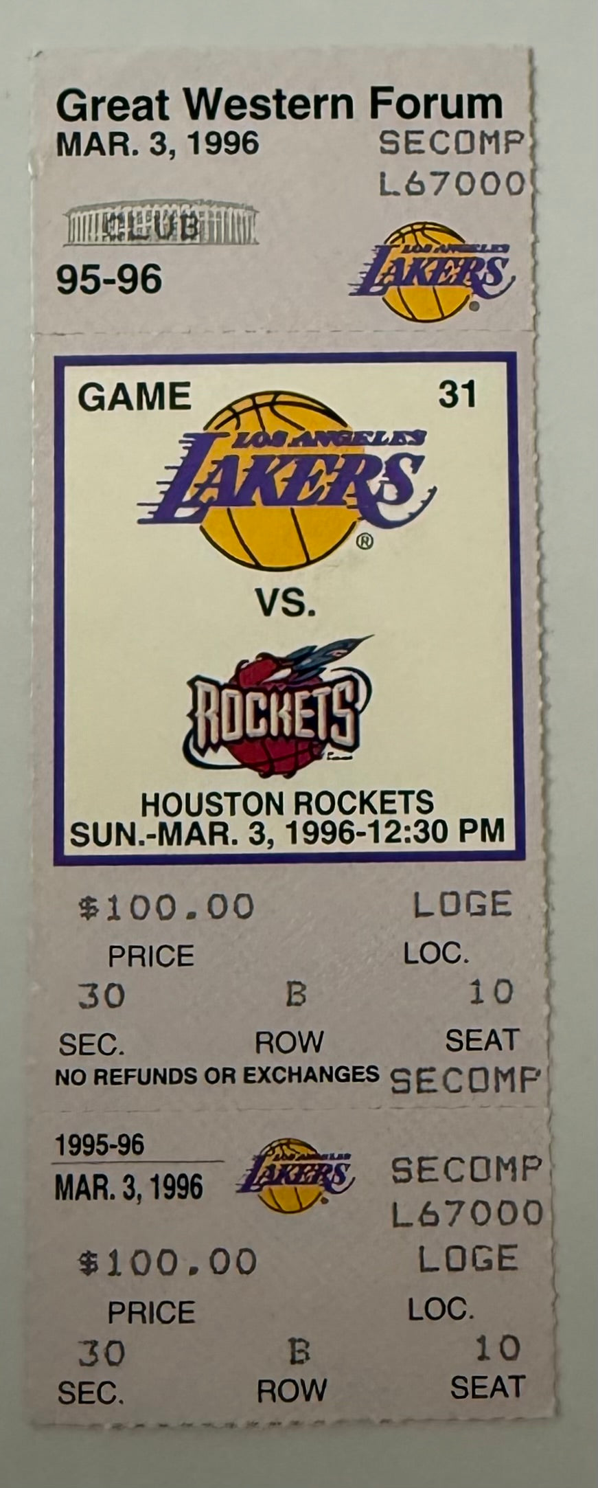 1996 LA Lakers VS. Houston Rockets at Great Western Forum, March 3, 1996