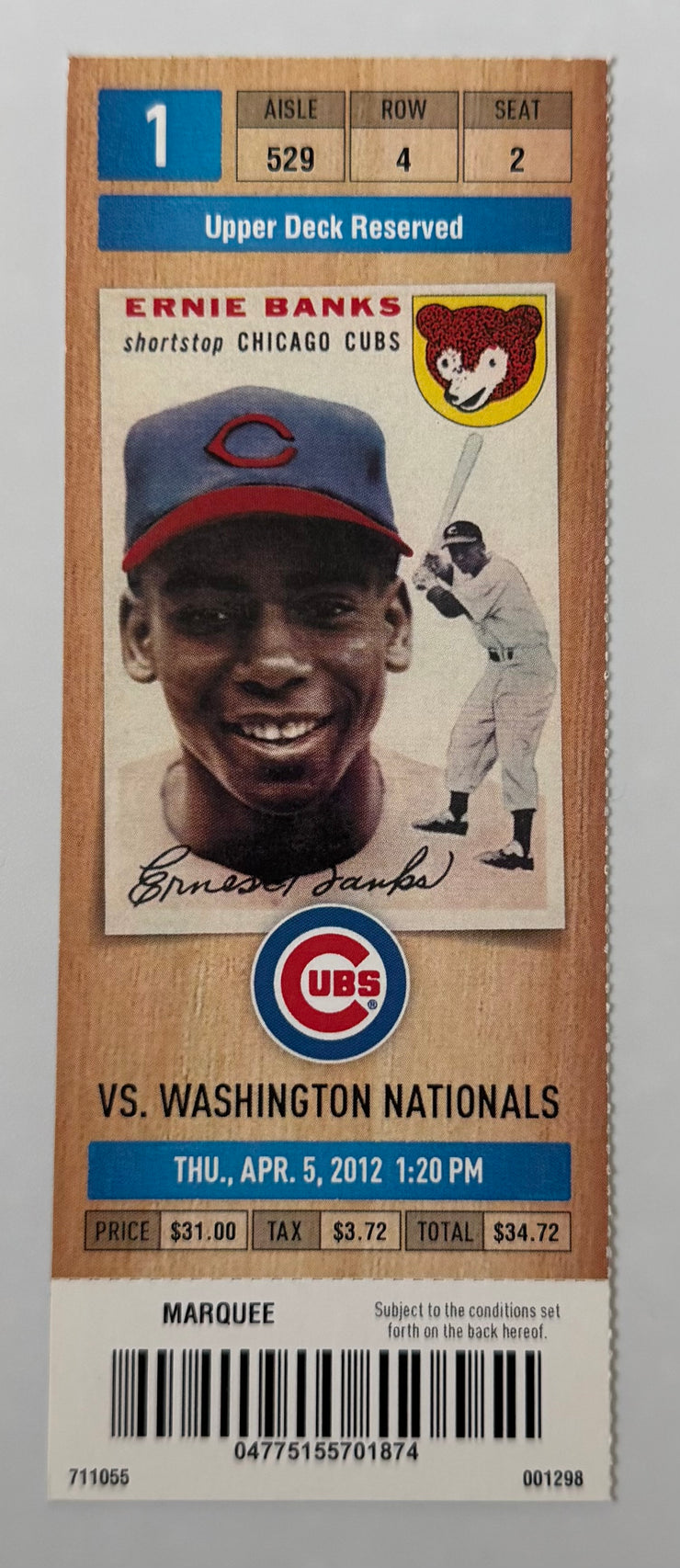 2012 Chicago Cubs versus Washington Nationals Opening Day Ticket, April 5, 2012