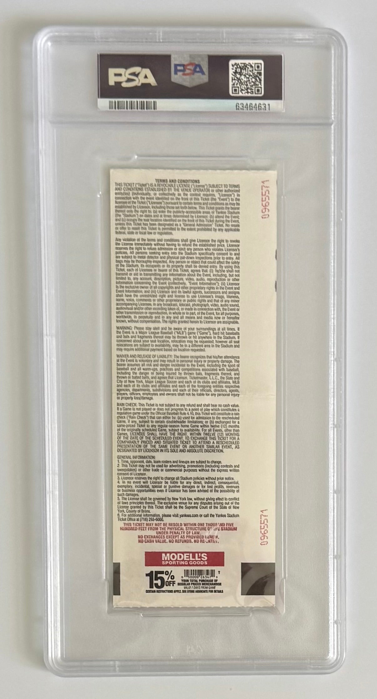 2016 New York Yankees Box Office Ticket, Graded PSA Full Authentic, Aaron Judge MLB Debut and HR #1, Crease, 8/13/16